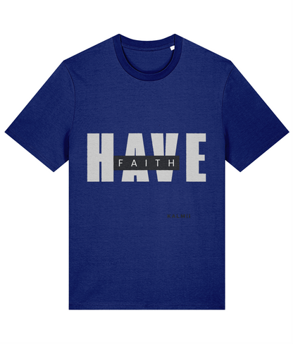 Front of blue HAVE FAITH tee by KALMii
