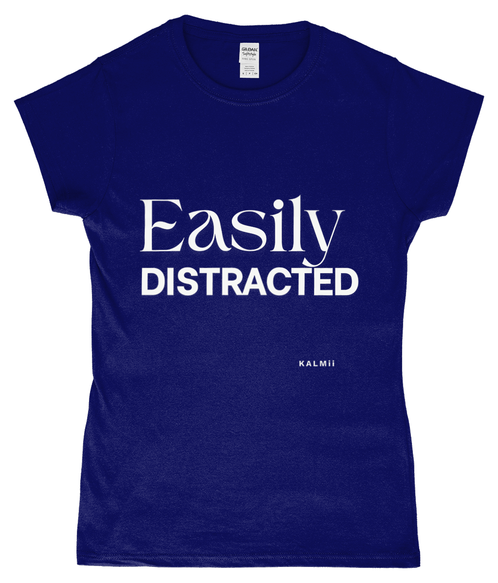 Front of tee with the text 'Easily Distracted' in blue