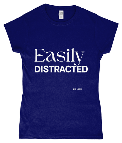 Front of tee with the text 'Easily Distracted' in blue
