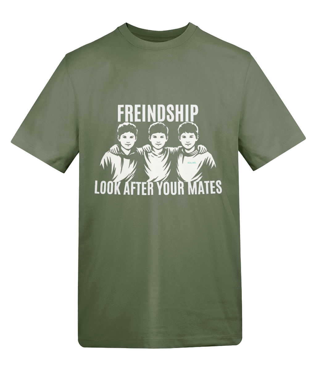 Green t-shirt with white text and graphic on a white background