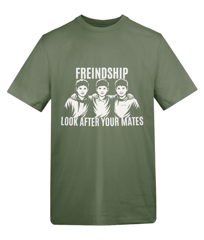 Green t-shirt with white text and graphic on a white background